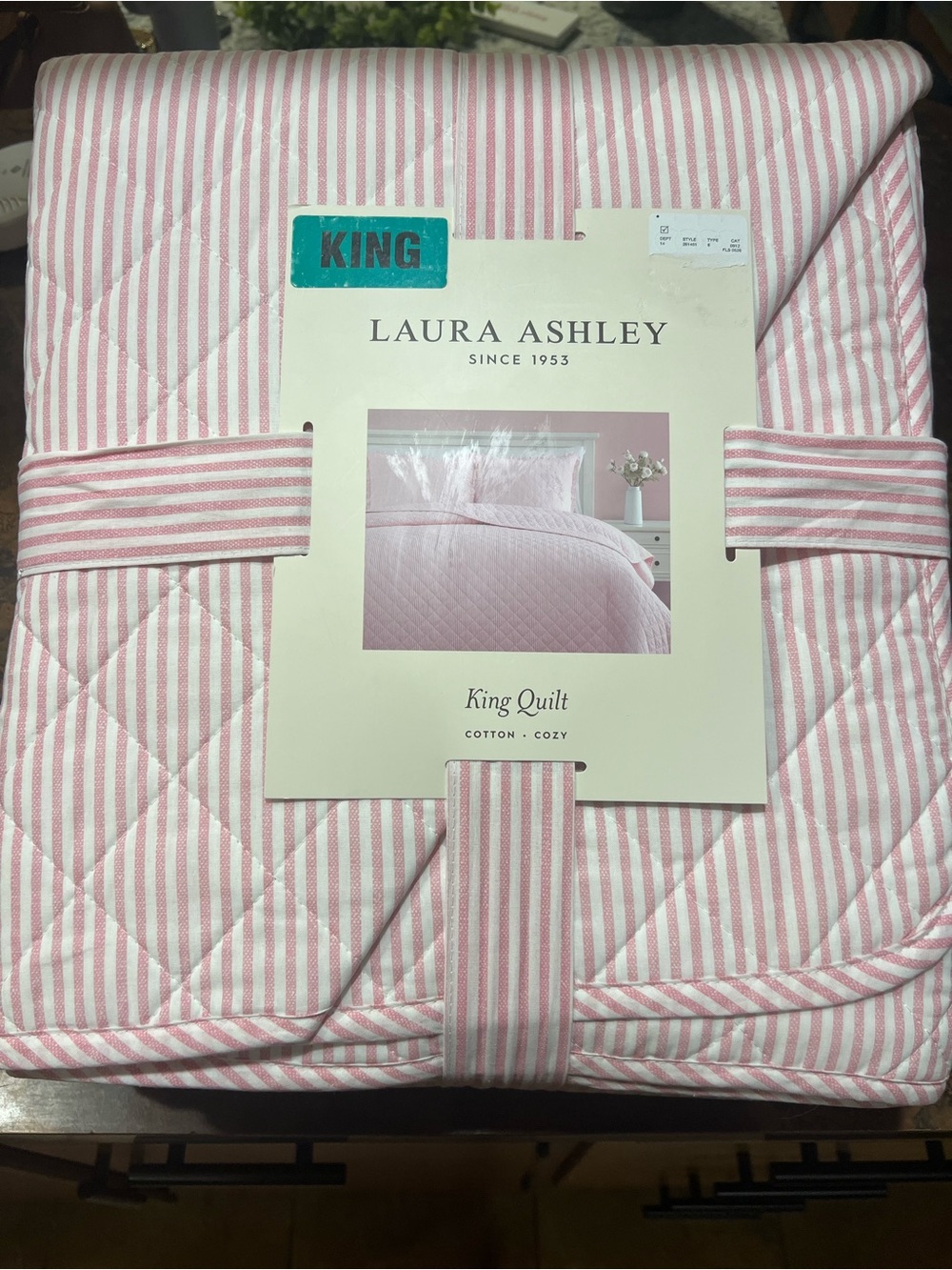 Laura Ashley Pink and White Oxford Striped KING Quilt ~ NWT